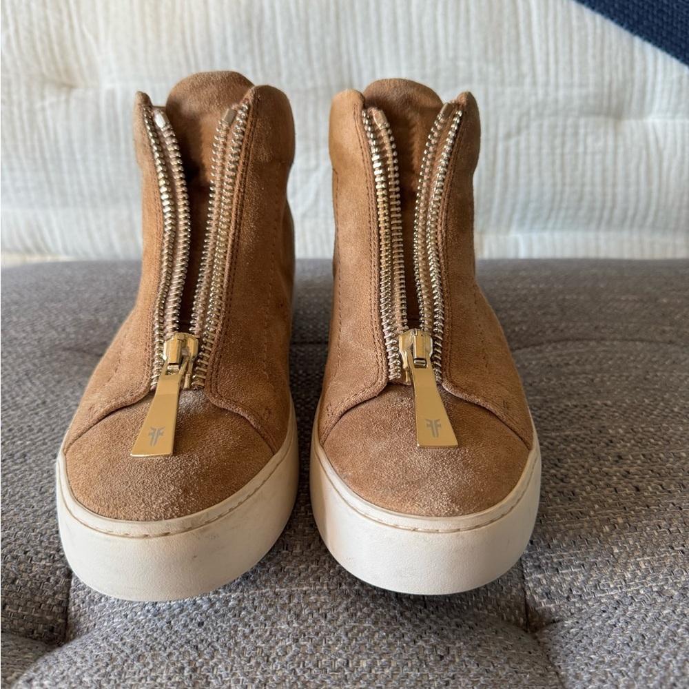 Frye Tan Suede Sneakers with Gold Zipper